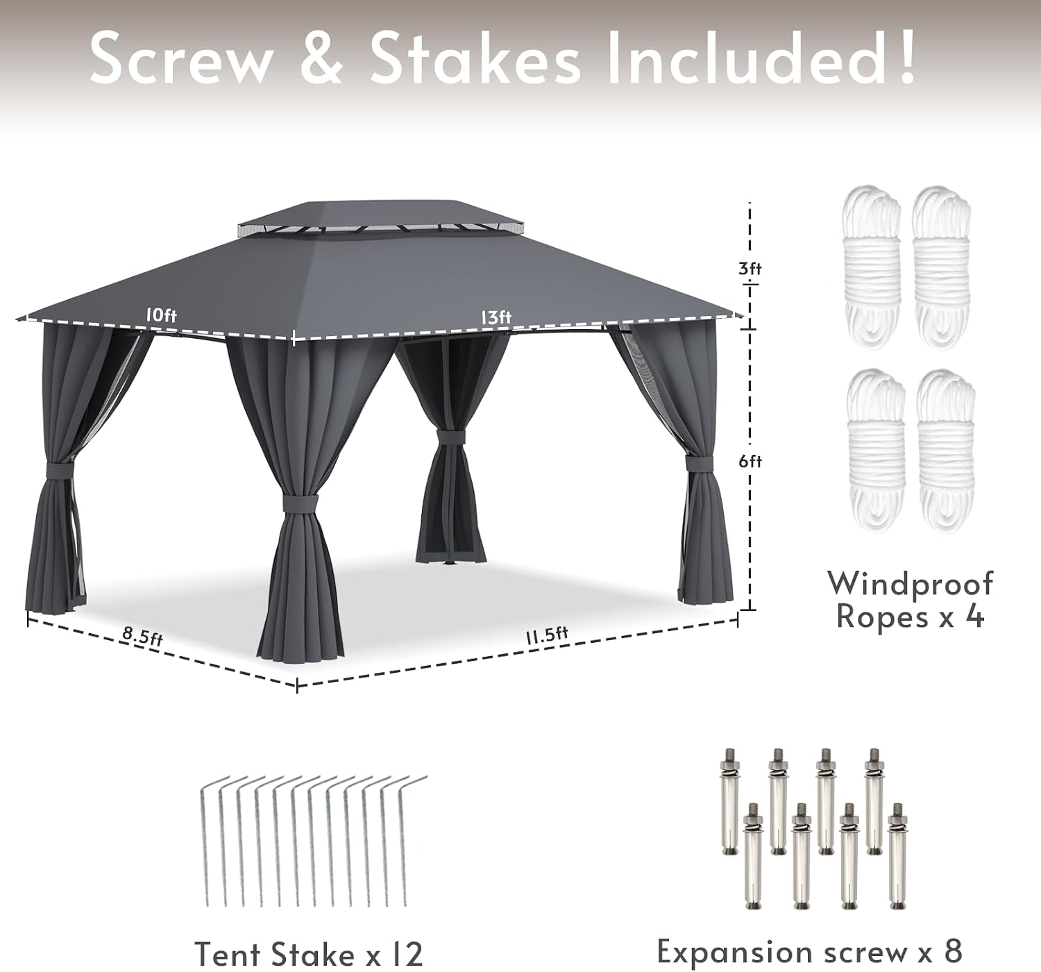 Outdoor Gazebo 10x13 with Double Roof, Patio Gazebo with Netting & Curtain Included. Trapezoidal Support System for Enhanced Stability, Perfect for Patio, Deck, Backyard
