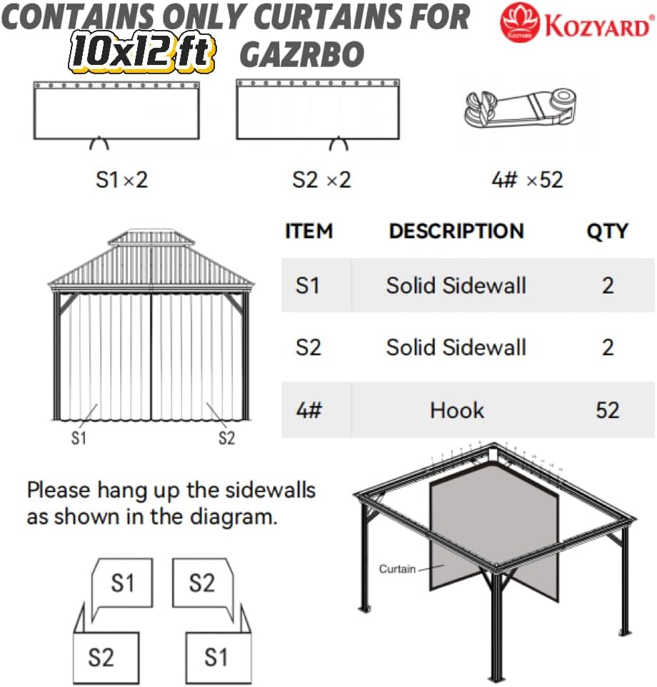 Kozyard 10' x 12'Outdoor Gazebo Privacy Curtain Sidewall, Waterproof Patio Privacy Curtain with Center-Zip Design, Replacement for Hardtop Gazebo Gray