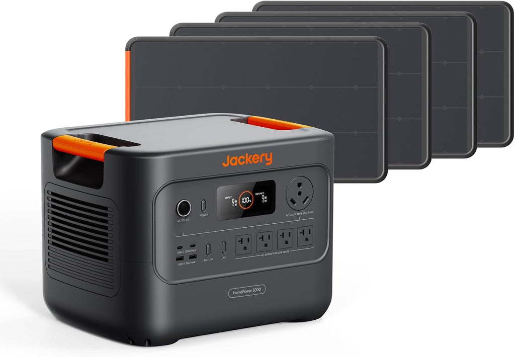 Jackery HomePower 3000 Portable Power Station with 4X 100W Prime Panels, 3600W (Surge 7200W) Output, 3072Wh LFP Battery Solar Generator, USB A/C, Essential Backup for Home Use, RV, Emergencies, Black