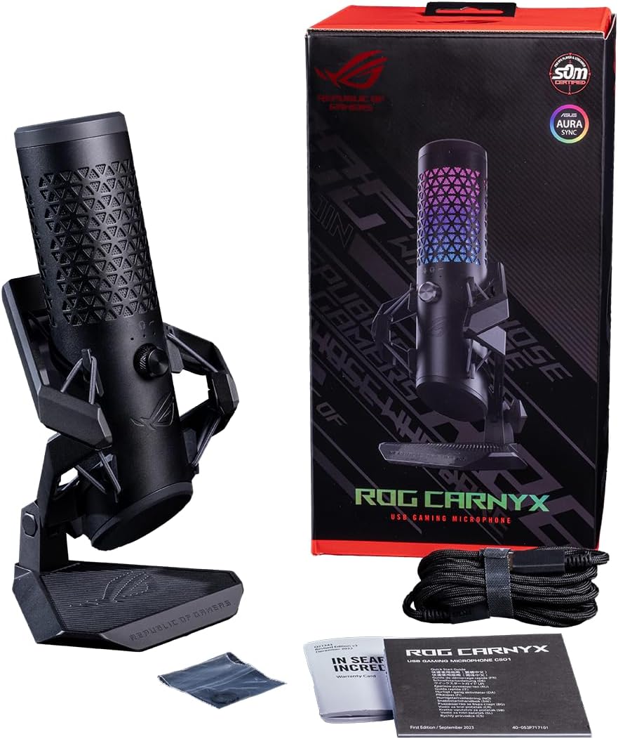 ASUS ROG Carnyx USB Gaming Microphone (25mm Condenser Capsule, 192kHz/24-bit, Cardioid, high-Pass Filter, Built-in pop Filter, Metal Shock Mount, one-Touch Mute, USB, Aura Sync RGB)- Black