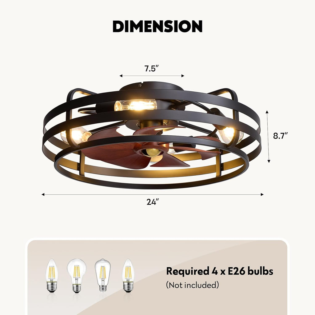 24 Inch Farmhouse Flush Mount Ceiling Fan with Lights and Remote, Industrial Black Caged with 6 Wind Speeds, Dimmable, Reversible, Rustic Ceiling Fan Lights for Bedroom, Kitchen, Living Room