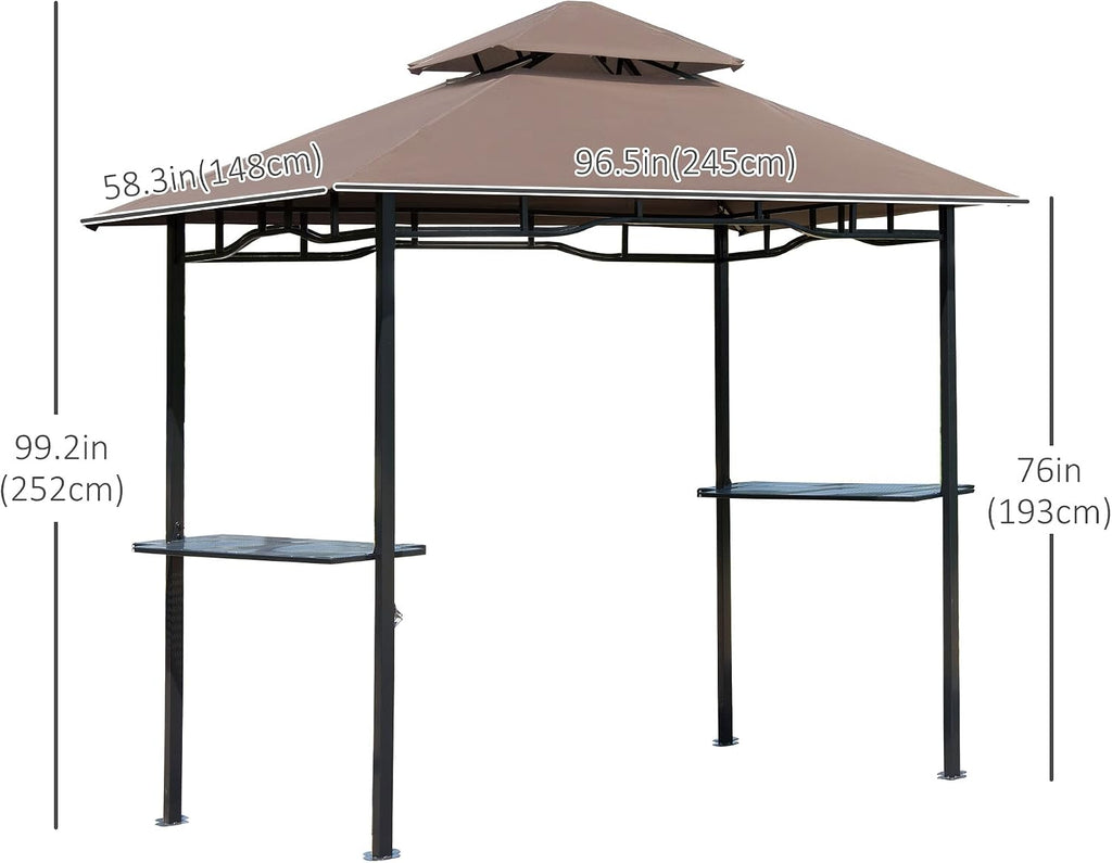 Outsunny 8' x 5' Grill Gazebo with Double Roof, Outdoor BBQ Gazebo with 2 Side Shelves, Steel Grill Tent Canopy for Patio Yard Garden, Coffee
