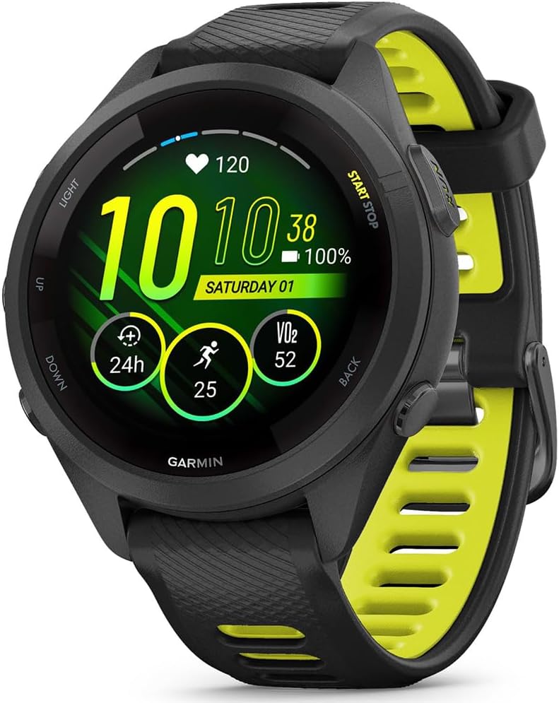 Garmin 010-02810-03 Forerunner 265S GPS Smartwatch Black/Amp Yellow Bundle with Deco Essentials Exclusive 26 Month CPS Enhanced Protection Pack