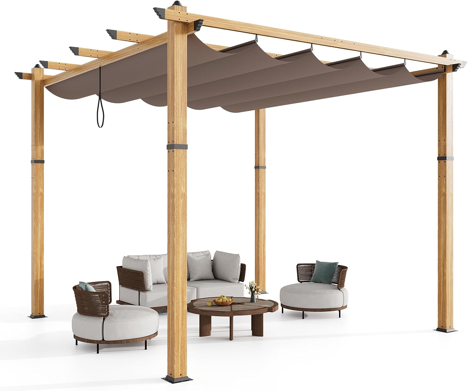 10' X 10' Retractable Pergola Canopy with Natural Wood Like Frame for Backyards, Gardens, Patios, Outdoor Pergola with Sun Shade Canopy,Khaki