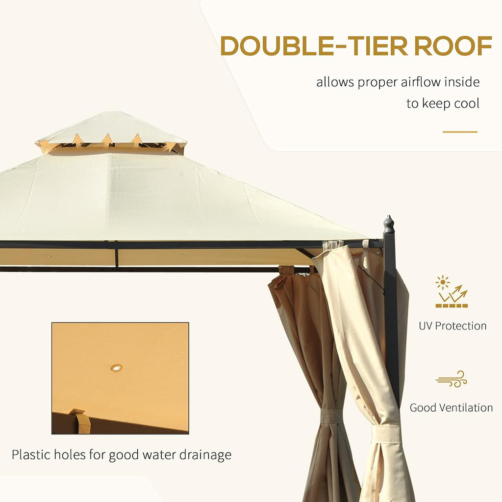 Outsunny 10' x 10' Steel Outdoor Patio Gazebo with Polyester Privacy Curtains, Two-Tier Roof for Air, Large Design