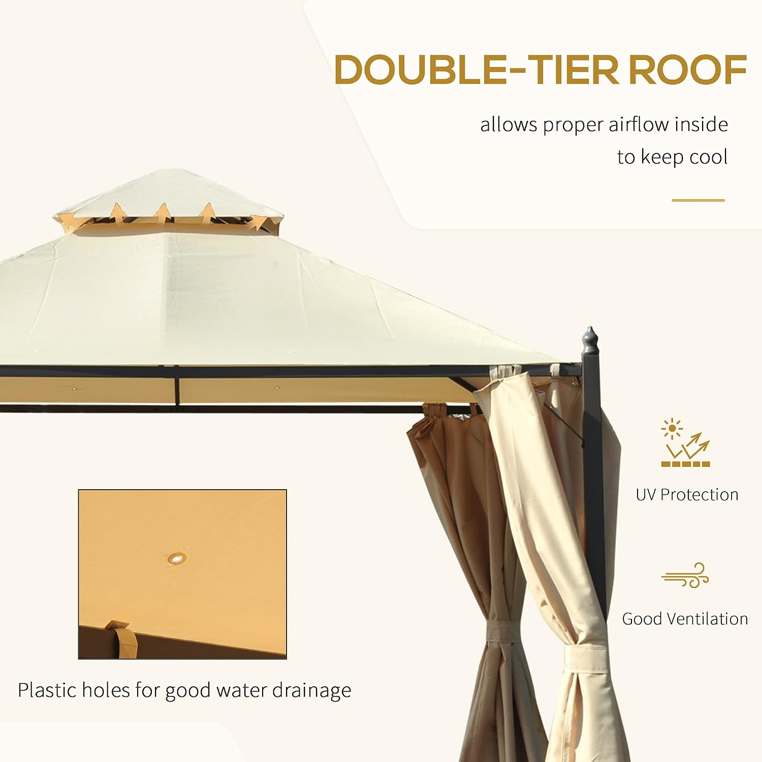 Outsunny 10' x 10' Steel Outdoor Patio Gazebo with Polyester Privacy Curtains, Two-Tier Roof for Air, Large Design