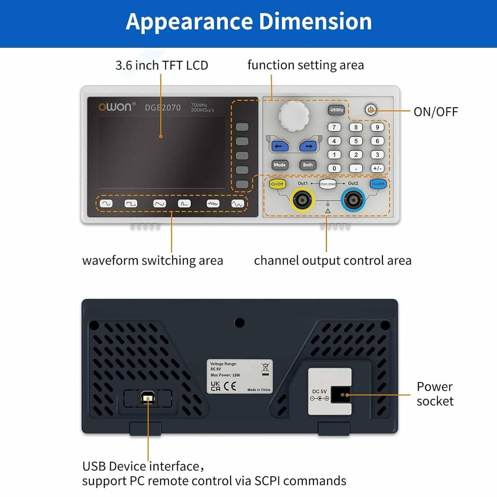 OWON DGE2070 70MHz Dual Channel Arbitrary Waveform Generator, 300MSa/s Sampling Rate, 14-Bit Resolution, 150 Built-in Waveforms, 3.6' LCD, Portable Signal Generator for Lab & Electronics Testing