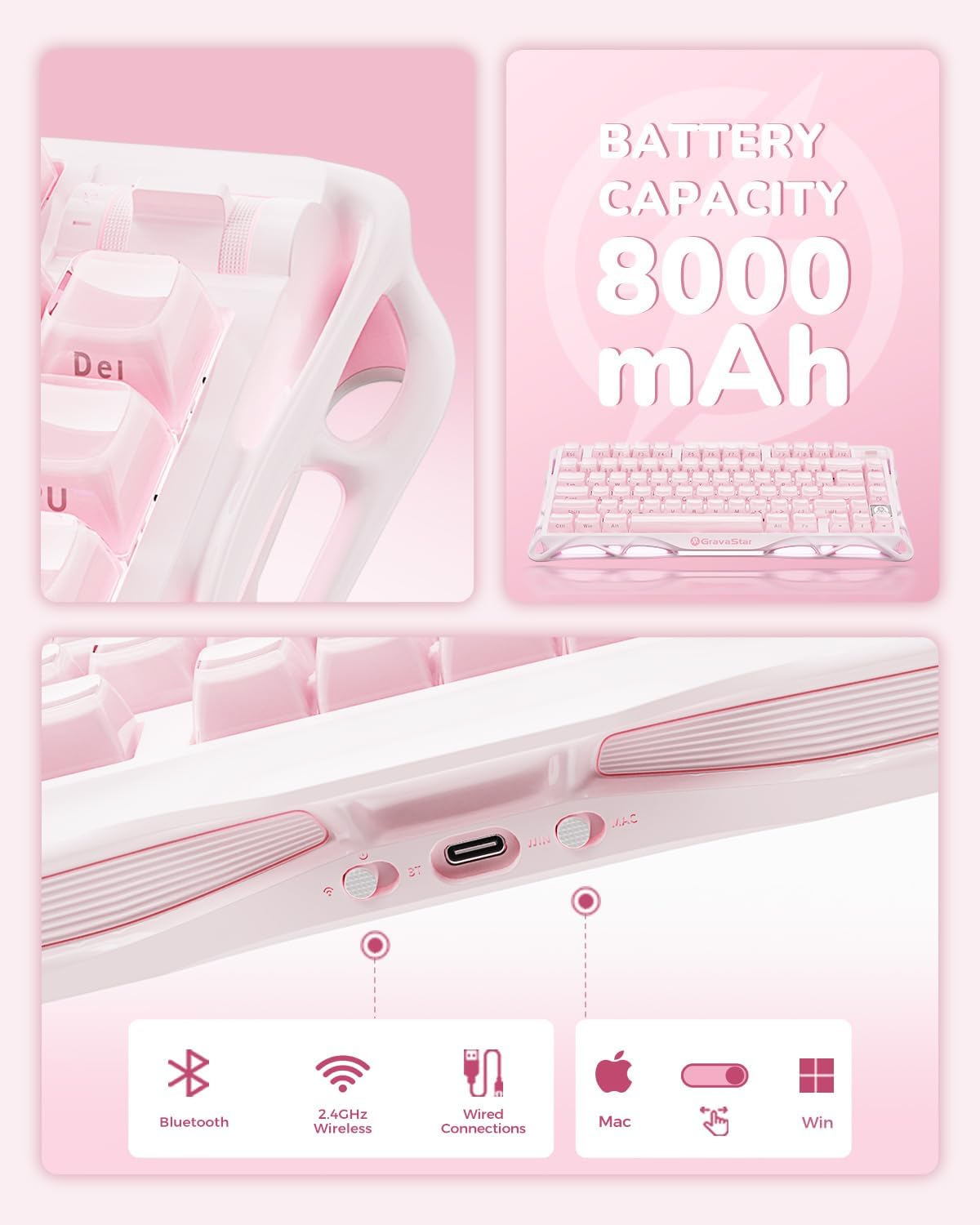 GravaStar Mercury K1 75% Pink Wireless Keyboard, Aluminum Alloy Exoskeleton Design Mechanical Gaming Keyboard, Gasket Hot-Swap Socket, Linear Switches, RGB Backlit