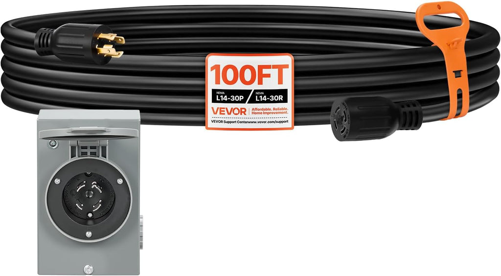 VEVOR 30 Amp Generator Cord and Power Inlet Box, 100 FT, 125/250V NEMA L14-30P to L14-30R Heavy Duty Extension Power Cord, SJTW 10AWG 7500W, Pre-Drilled Inlet Box, for Generator to House, ETL Listed