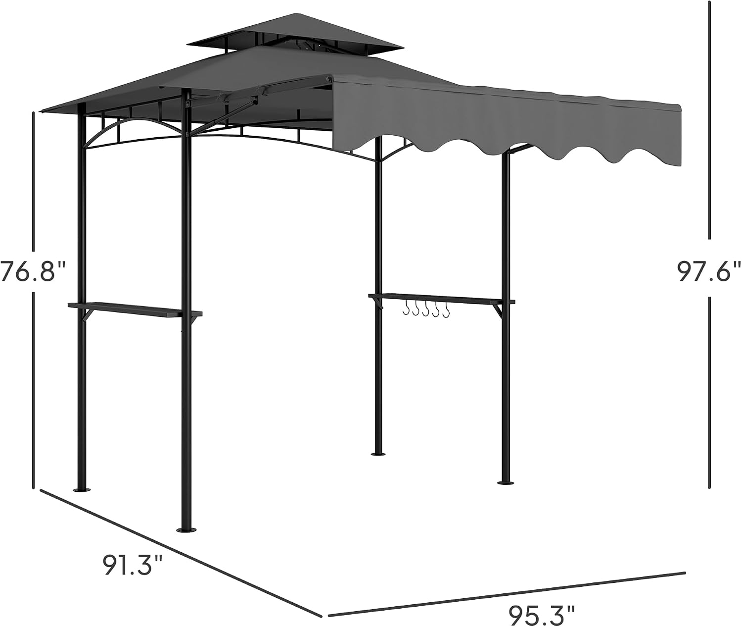 Outsunny 8' x 7.6' Grill Gazebo, Double Tiered Outdoor BBQ Gazebo with Side Awning, 2 Side Shelves and 6 Hooks for Patio, Deck, Yard, Dark Gray