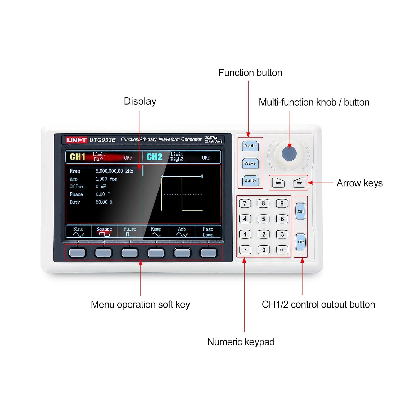 UNI T UTG932E 30MHz Function Generator Arbitrary Waveform Signal Generator Dual-Channel 200MSa/s 14 Bits Frequency Meter