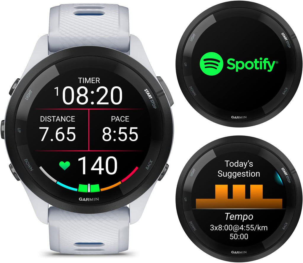 Garmin Forerunner 265 Music GPS Running 46 mm Smartwatch, Whitestone with AMOLED Touchscreen Display White Earbuds Bundle, White +Wht EarBuds