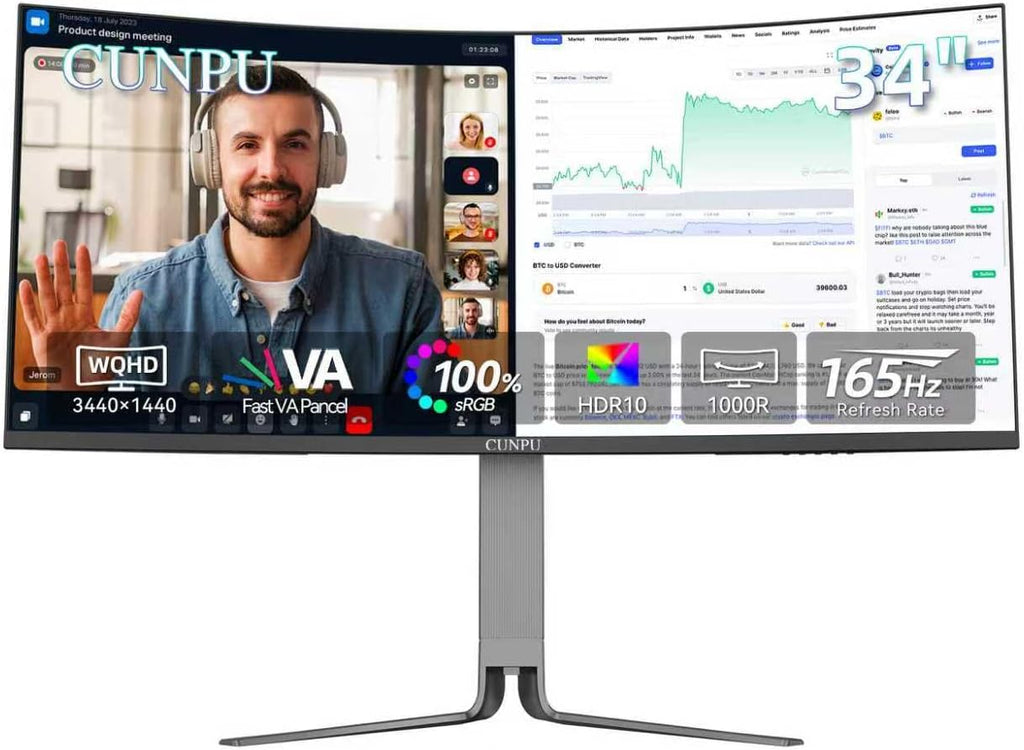 CUNPU 34 Inch Ultrawide Productivity Curved Monitor, 65W USB-C & KVM, 3440x1440 WQHD 165Hz 21:9 R1000 Display, 100% sRGB for Work and Gaming, 4000:1, Height Adjustable, PIP/PBP, HDMI, DisplayPort