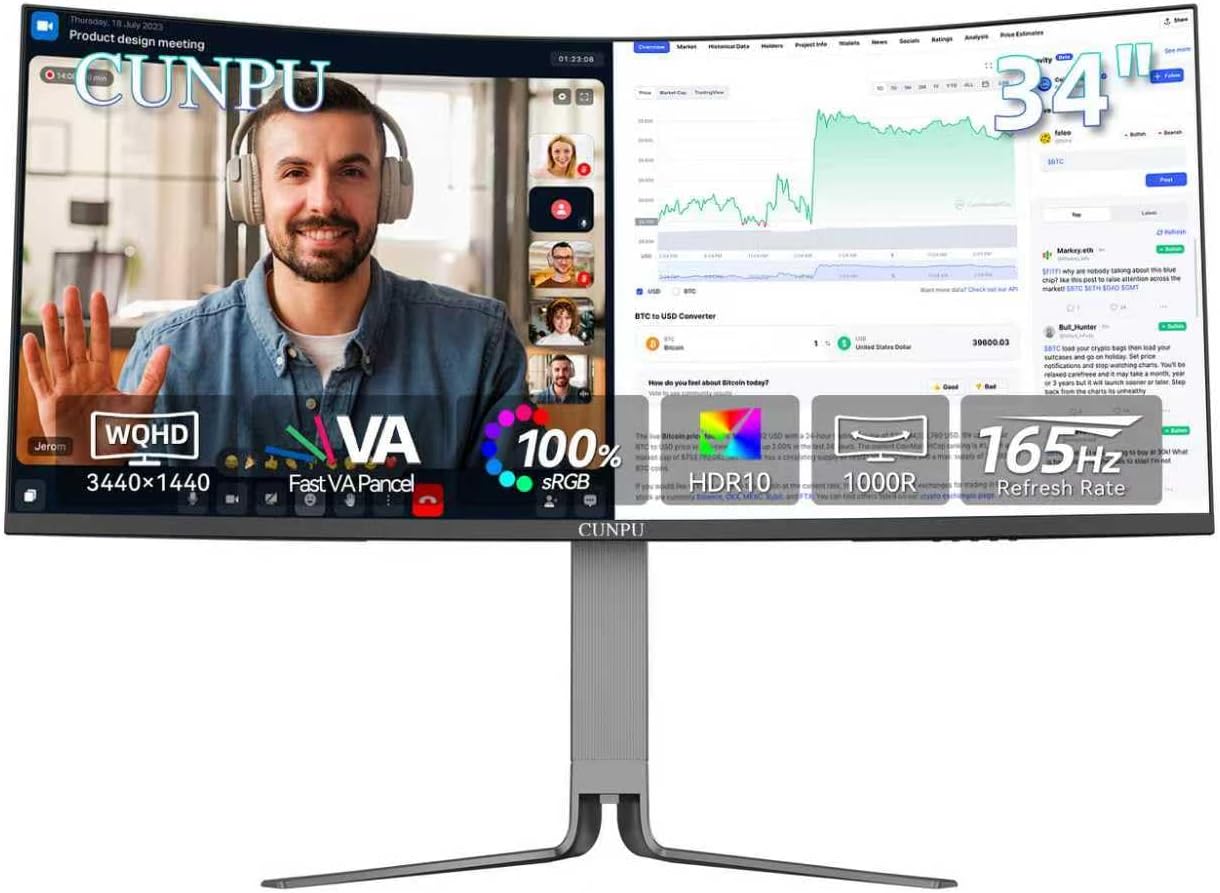 CUNPU 34 Inch Ultrawide Productivity Curved Monitor, 65W USB-C & KVM, 3440x1440 WQHD 165Hz 21:9 R1000 Display, 100% sRGB for Work and Gaming, 4000:1, Height Adjustable, PIP/PBP, HDMI, DisplayPort