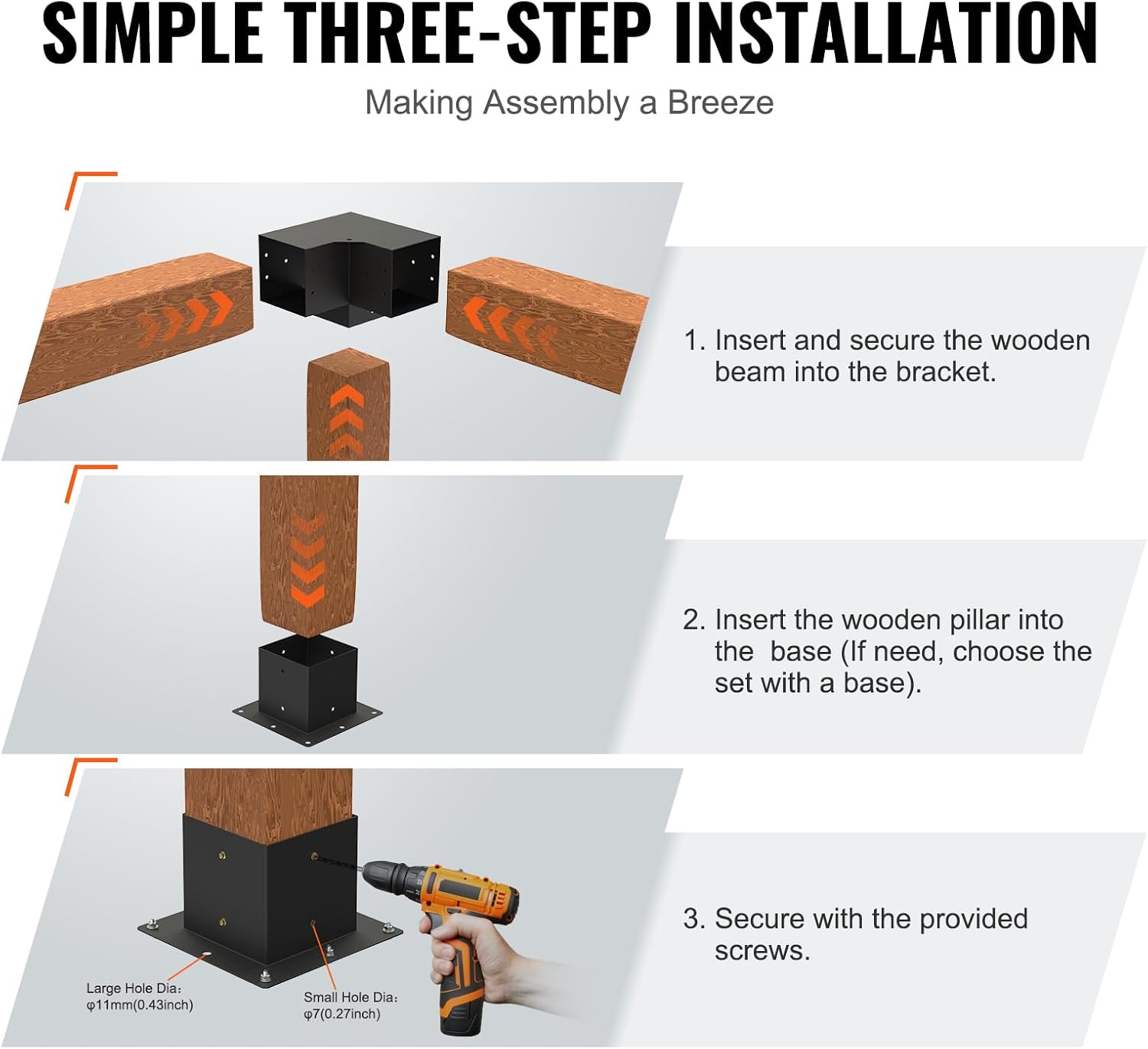 VEVOR Pergola Bracket Kit 6''x6''(Inner Size 5.6x5.6), 4pcs 3-Way Heavy Duty Corner Bracket Woodworks DIY Post Base Kit, Easy Installation Wooden Beams for Gazebos, Patio Pergolas, Log Cabin Outdoor