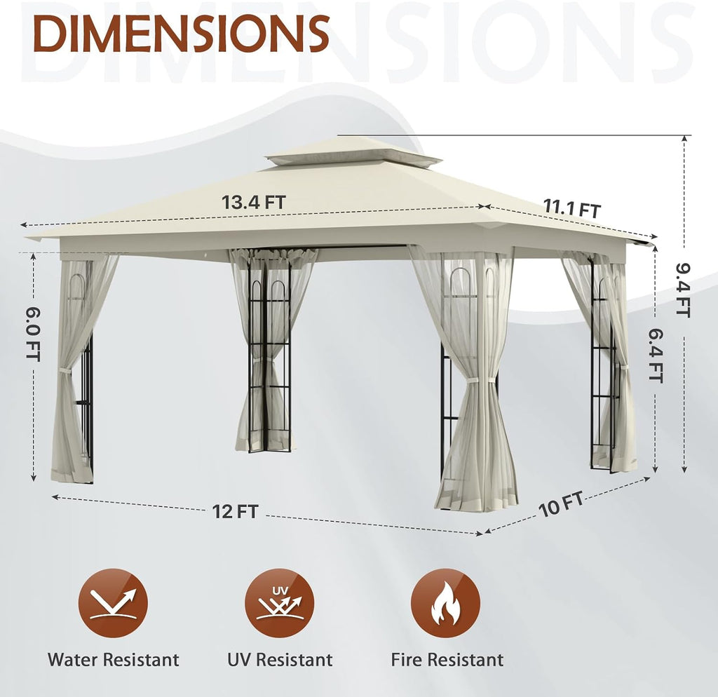 COOS BAY 10x12 Outdoor Patio Gazebo with Netting, Two Tier Water Resistant Canopy for Backyard, Beige
