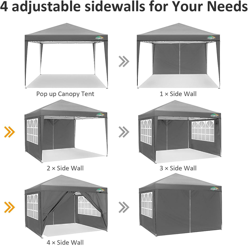 COBIZI 10x10 Pop Up Canopy Tent with 4 Sidewalls Party Tents for Parties Weddings Backyard Waterproof Commercial Instant Outdoor Events Tent with Stakes, Ropes（10 x 10 ft Gray