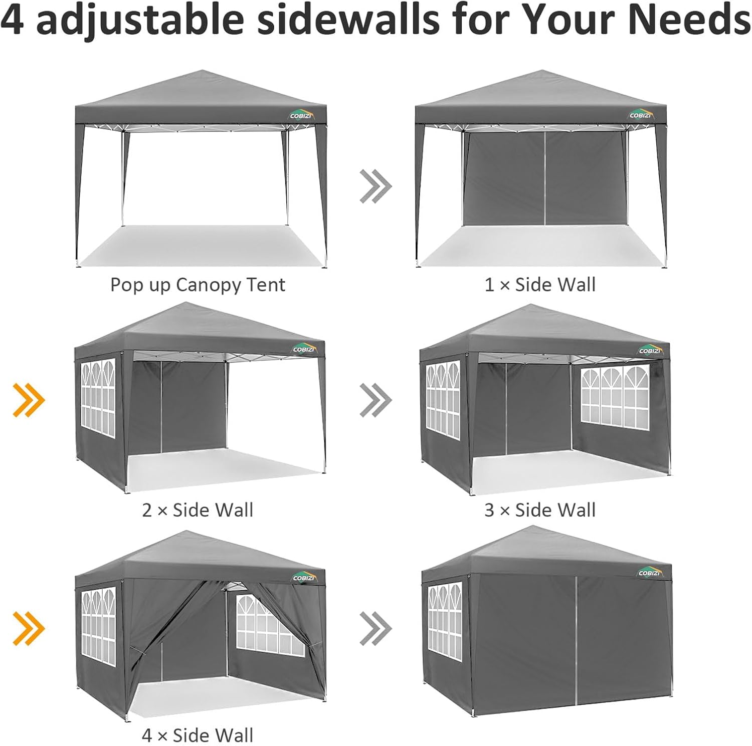 COBIZI 10x10 Pop Up Canopy Tent with 4 Sidewalls Party Tents for Parties Weddings Backyard Waterproof Commercial Instant Outdoor Events Tent with Stakes, Ropes（10 x 10 ft Gray