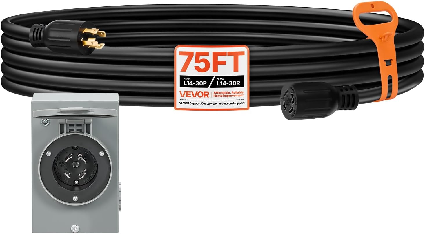 VEVOR 30 Amp Generator Cord and Power Inlet Box, 75 FT, 125/250V NEMA L14-30P to L14-30R Heavy Duty Extension Power Cord, SJTW 10 Gauge 7500W, Pre-Drilled Inlet Box, for Generator to House, ETL Listed
