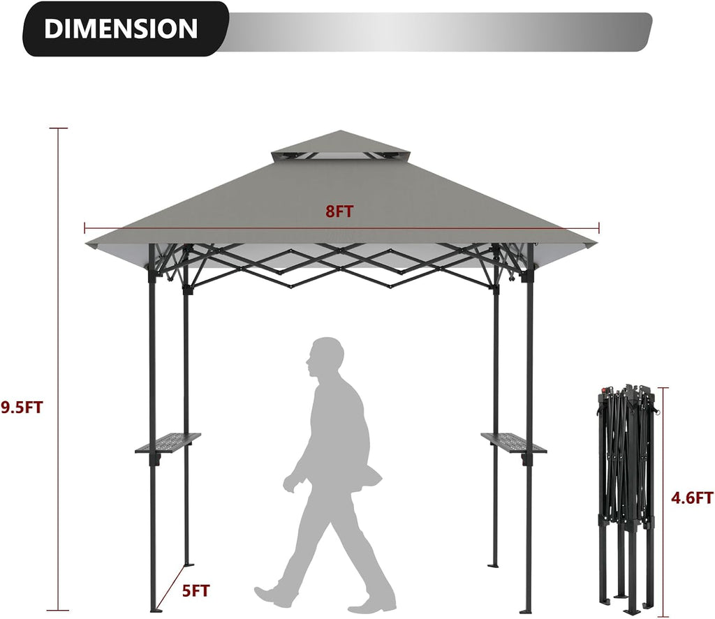 Turtle Life 8'x5' Grill Gazebo - Pop Up Canopy for BBQ and Backyard Patio - Easy Outdoor Barbecue Shade Cover with Double Tier Vented Top & 2 Side Shelves (Drak Gray)