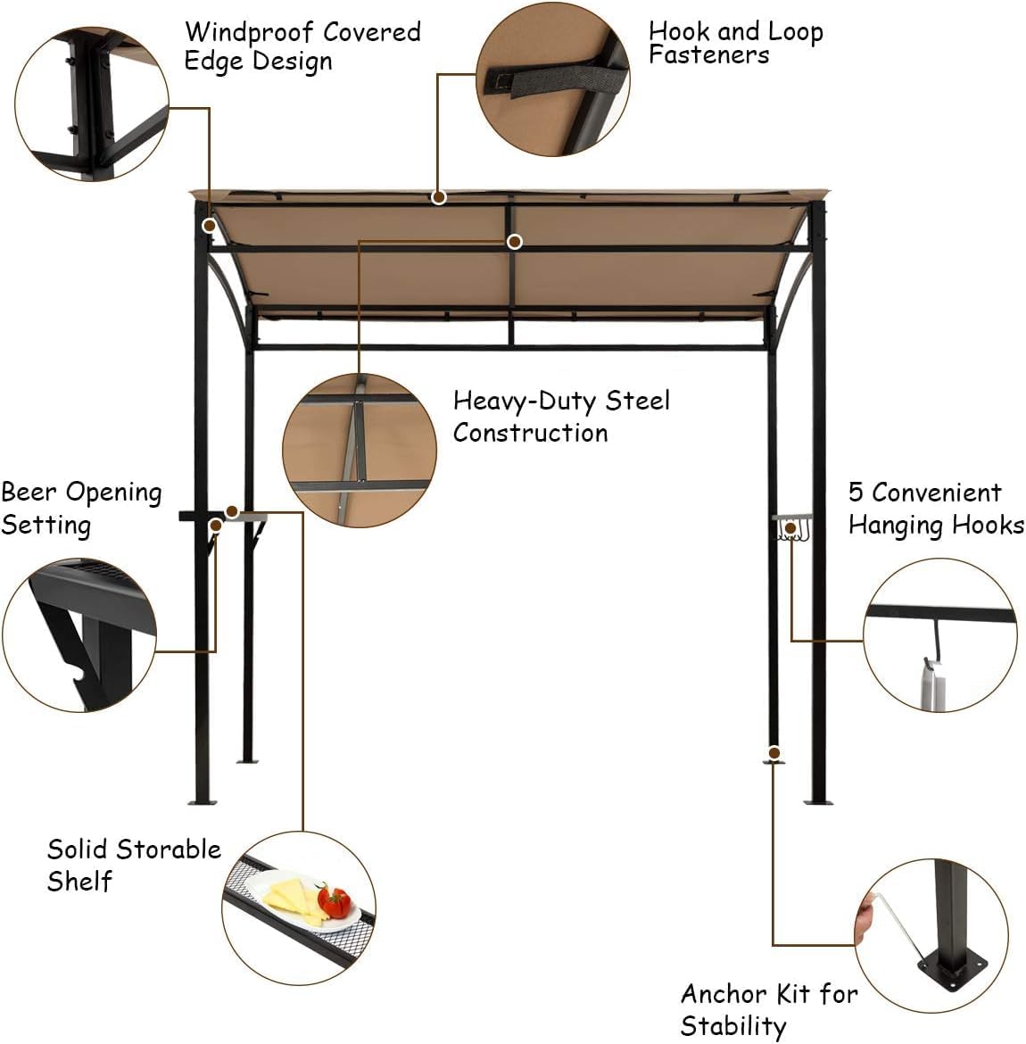 Moccha 7x4.4ft Grill Gazebo, Outdoor BBQ Gazebo with Storage Shelf, Hanging Hooks, Beer Opening Setting, Heavy-Duty Metal Frame, Grill Canopy Tent Sunshade Awning for Backyard, Patio, Garden, Brown