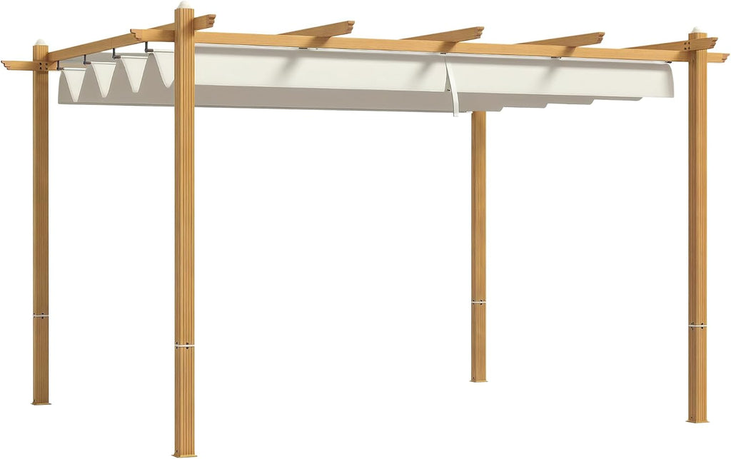 Outsunny 10' x 13' Retractable Pergola Canopy, Wood Grain Aluminum Pergola, Outdoor Sun Shade Shelter for Grill, Garden, Patio, Backyard, Deck, Cream White