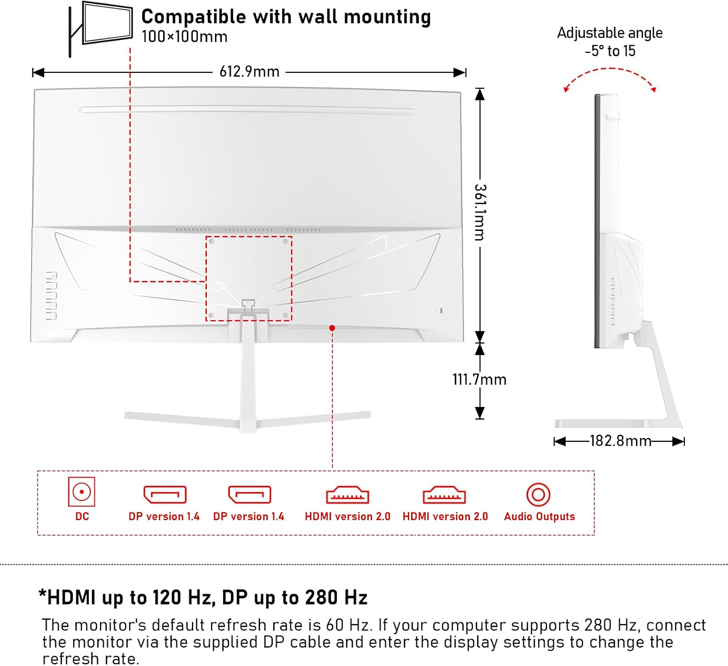 Gawfolk 27 Inch PC Computer Screen,1800R Curved Gaming 280Hz Monitors, FHD 1080p 1ms, Freesync, 98% sRGB,178 ° Angle View HDMI2.0、DisplayPort, Compatible with Wall-Mounted 100 * 100MM-White