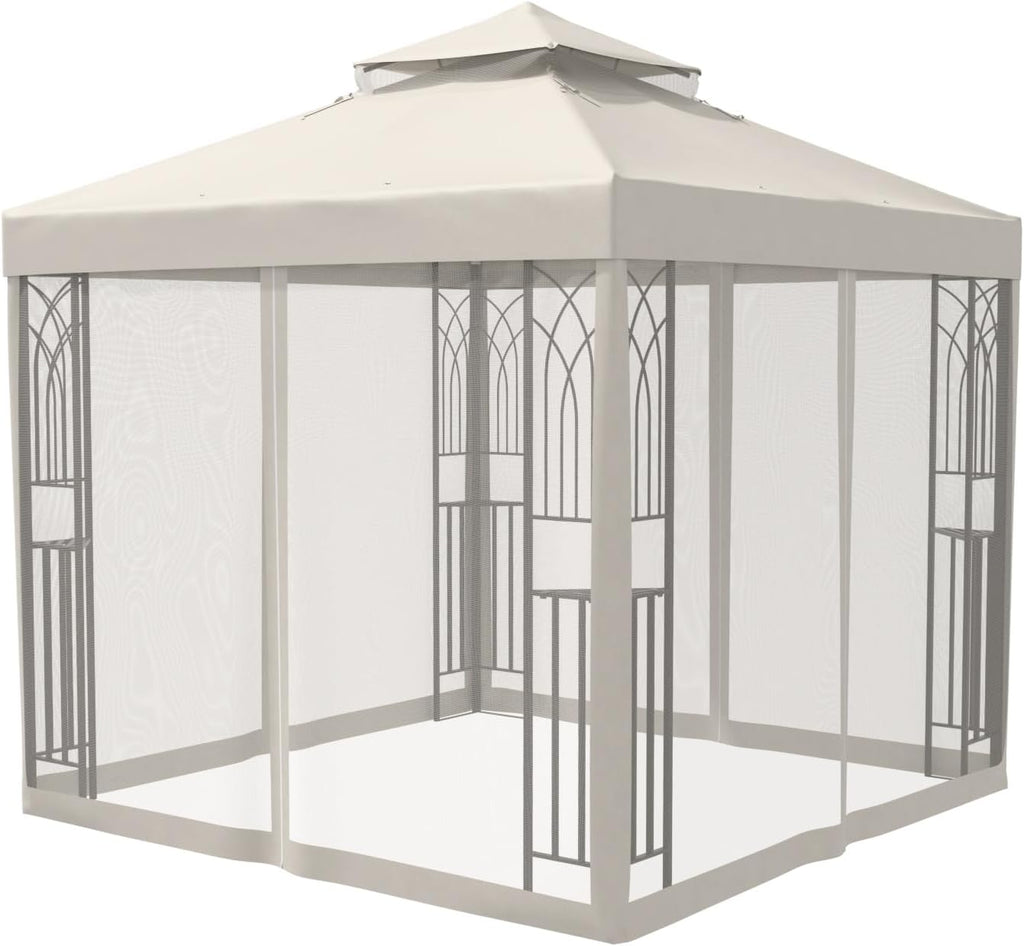 COOS BAY 8x8 Patio Gazebo with Corner Shelves, Two Tier Soft Top Canopy with Mesh Netting for Backyard, Garden, Lawn, Outdoor Events, Beige