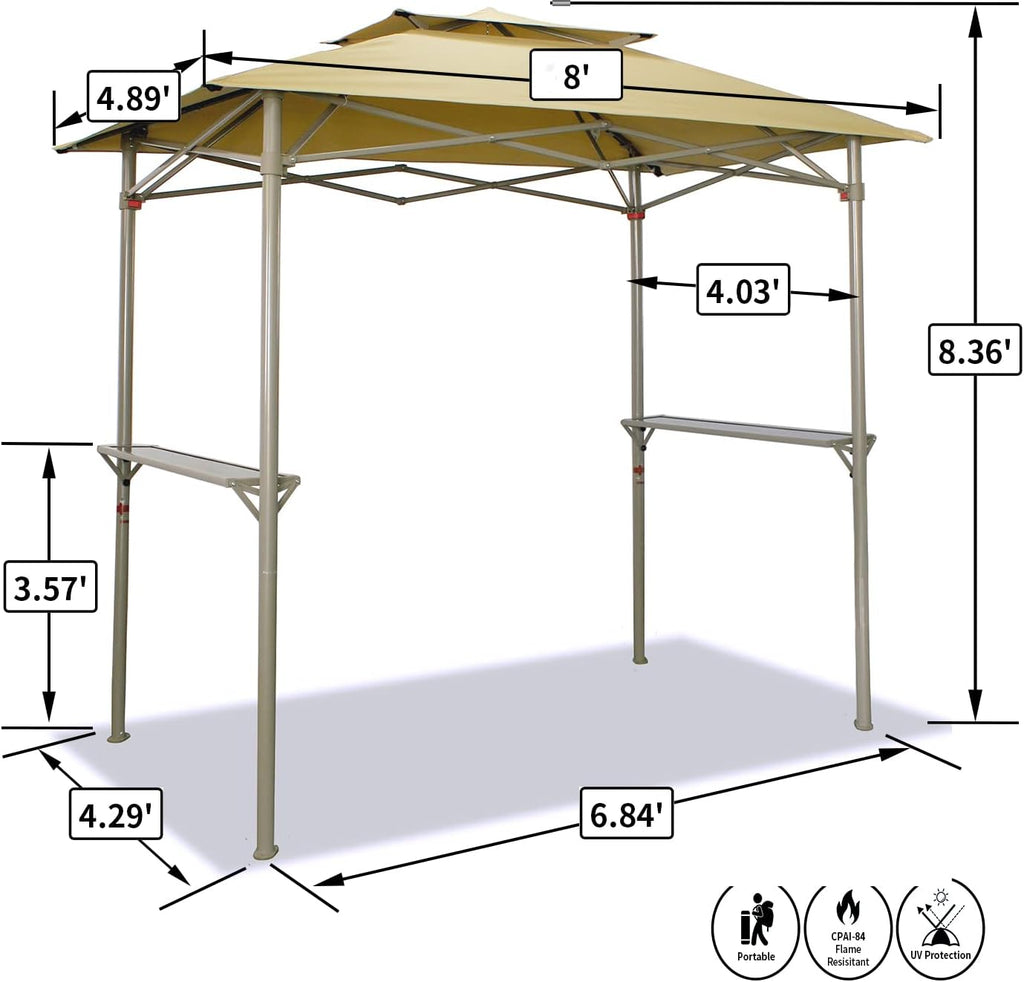 Crown Shades 8x5 Grill Gazebo - Pop Up Canopy for BBQ and Backyard Patio - Easy Outdoor Barbecue Shade Cover with Double Tier Vented Top & 2 Side Shelves (Beige)