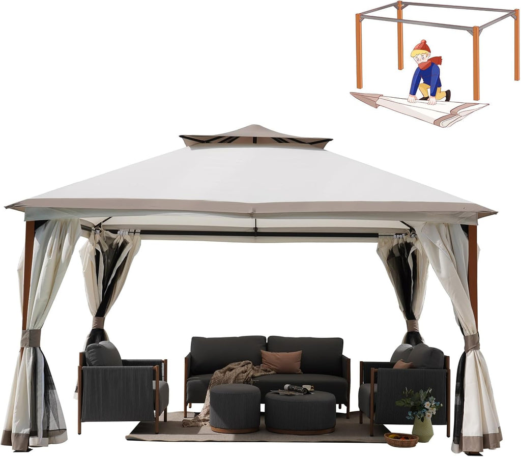Grand Patio 10x13 FT Outdoor Double Quick Assembly Detachable Vent Soft Top Gazebo with Mosquito Netting and Curtains, 130 Sq Ft of Shade for Backyard and Garden, Beige