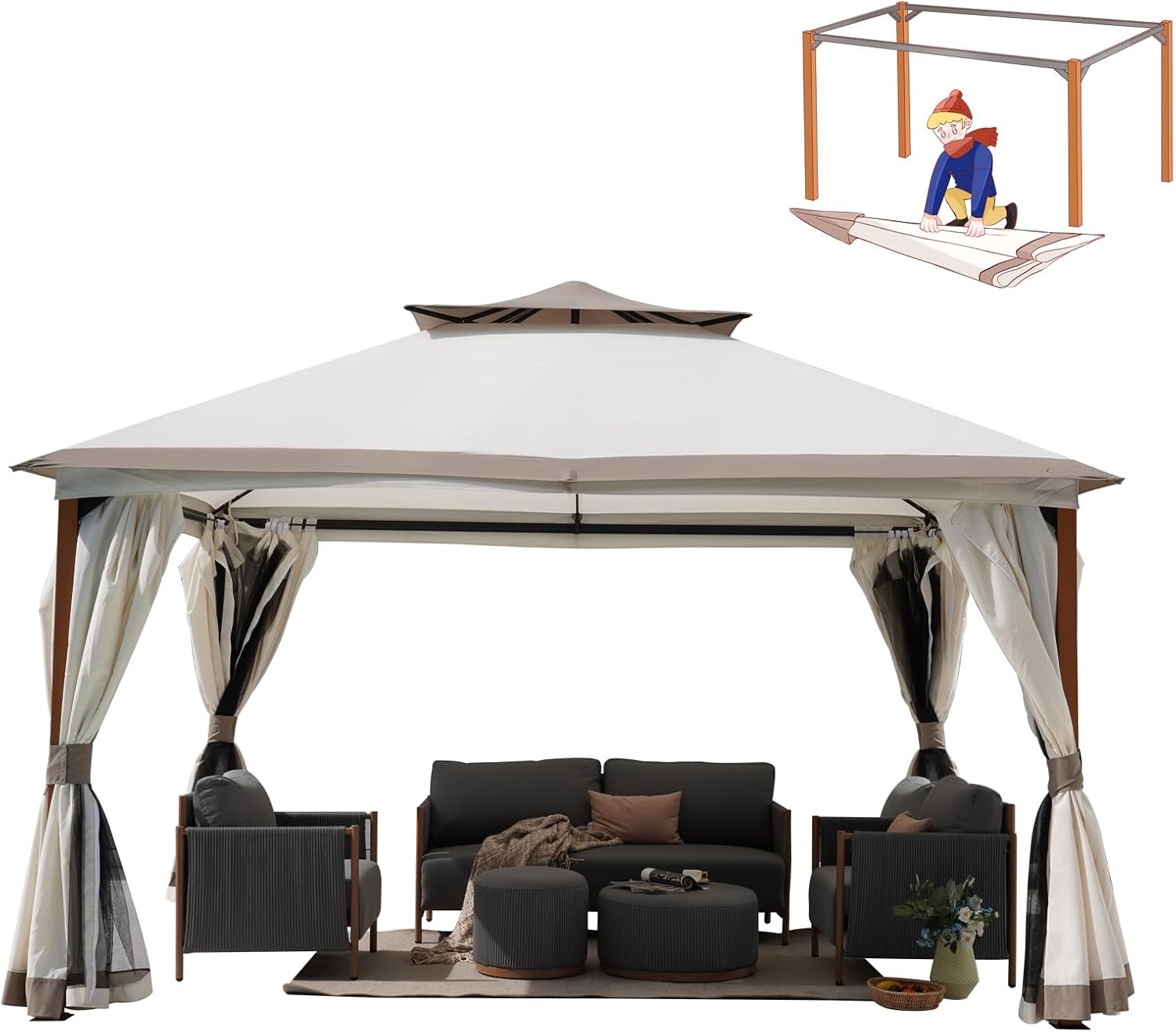Grand Patio 10x13 FT Outdoor Double Quick Assembly Detachable Vent Soft Top Gazebo with Mosquito Netting and Curtains, 130 Sq Ft of Shade for Backyard and Garden, Beige
