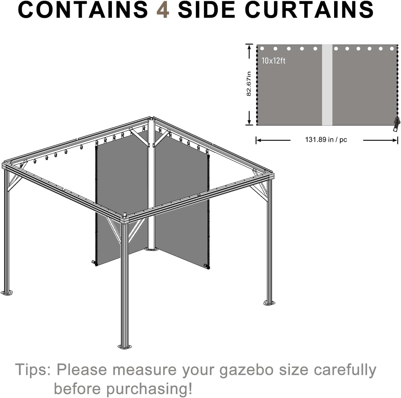 BPS 12' x 14' Gazebo Privacy Curtains with Double Zipper, 4-Panels Side Wall Universal Gazebo Side Panels Replacement for Patio, Outdoor Canopy, Garden and Backyard (Curtain Only)
