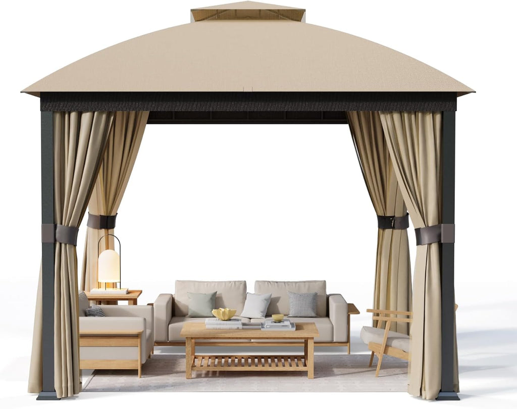 Patio Gazebo 10x10, Outdoor Gazebos, Heavy Duty Gazebo Soft Top Gazebos, Double Roofs Anti-UV Shelter Gaze bo for Patio Deck Backyard Garden Lawns
