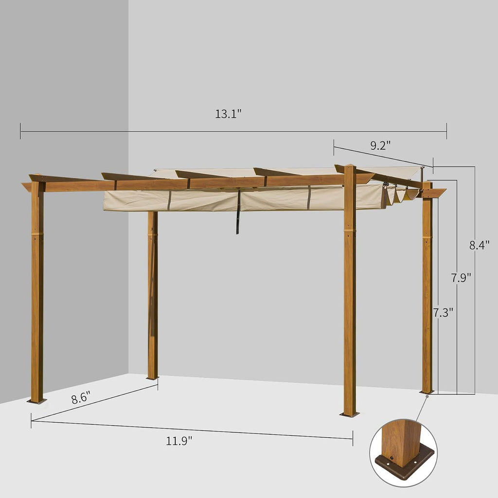 Domi 9' x 13' Outdoor Retractable Pergola Against The Wall with Weather-Resistant Canopy Aluminum Garden Pergola Patio Grill Gazebo for Courtyard(Teak Coated)