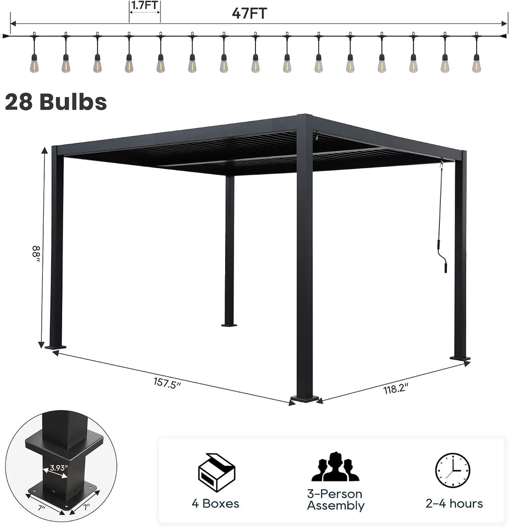 10'13' Outdoor Louvered Pergola with Clear String Lights, Aluminum Pergola Patio with Adjustable Roof for Outdoor Deck, Backyard, Garden (10x13FT with Light)