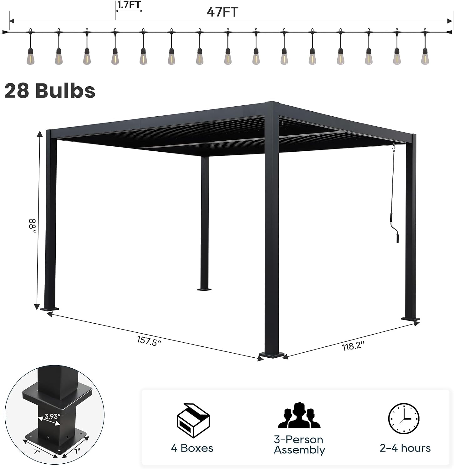 10'13' Outdoor Louvered Pergola with Clear String Lights, Aluminum Pergola Patio with Adjustable Roof for Outdoor Deck, Backyard, Garden (10x13FT with Light)