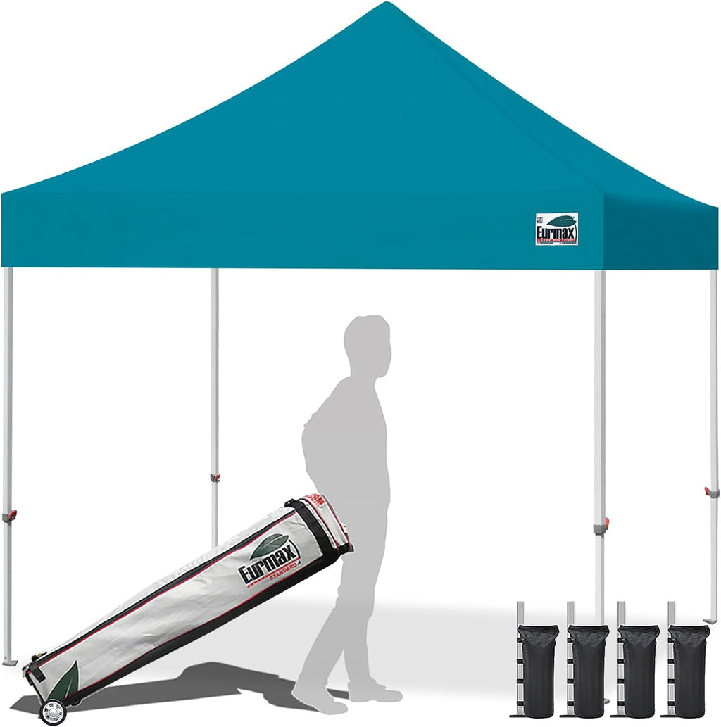 Eurmax USA 10x10ft Pop Up Canopy,Commercial Instant Tent for Outdoor Events,Patented No-Tip Rolling Storage Bag with 4 Sandbags,UV & Water Resistant,Heavy Duty Portable Shelter Gazebo,Turquoise