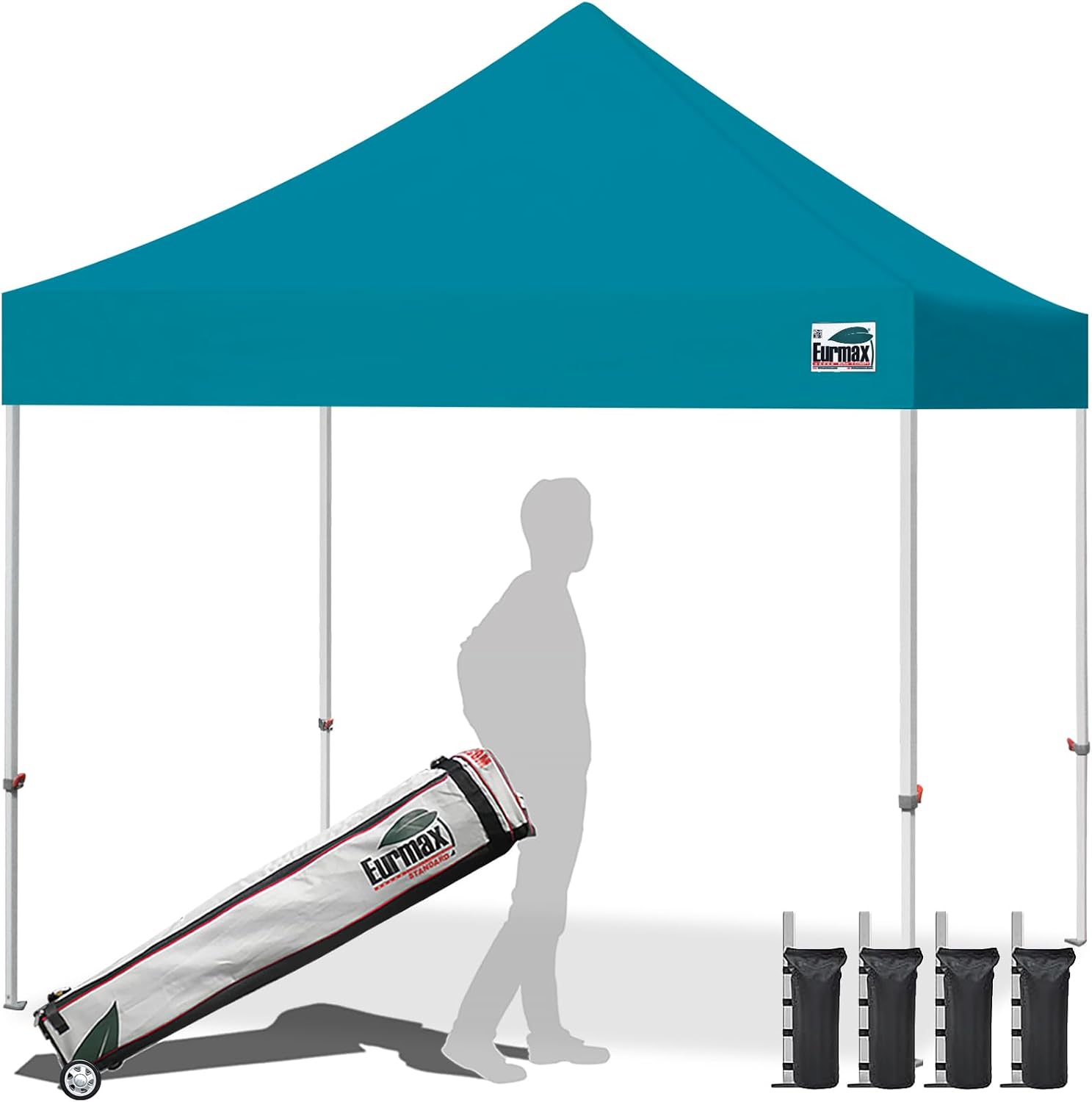 Eurmax USA 10x10ft Pop Up Canopy,Commercial Instant Tent for Outdoor Events,Patented No-Tip Rolling Storage Bag with 4 Sandbags,UV & Water Resistant,Heavy Duty Portable Shelter Gazebo,Turquoise