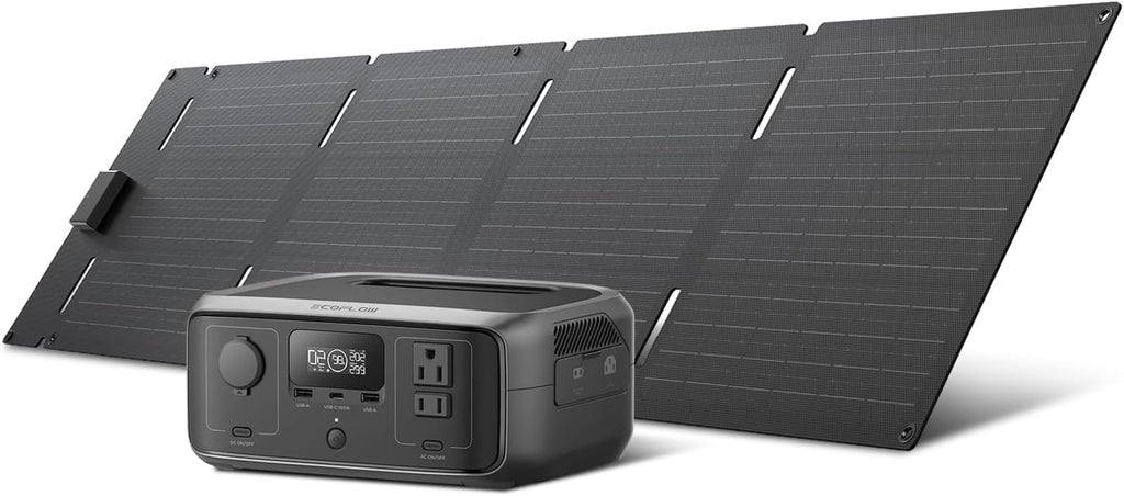 EF ECOFLOW Solar Generator RIVER 3 with 60W Solar Panel, 245Wh Portable Power Station LFP Battery, 300W Up to 600W AC Output, <20 MS UPS, 1Hr Fast Charging Power Station for Outdoor/RVs