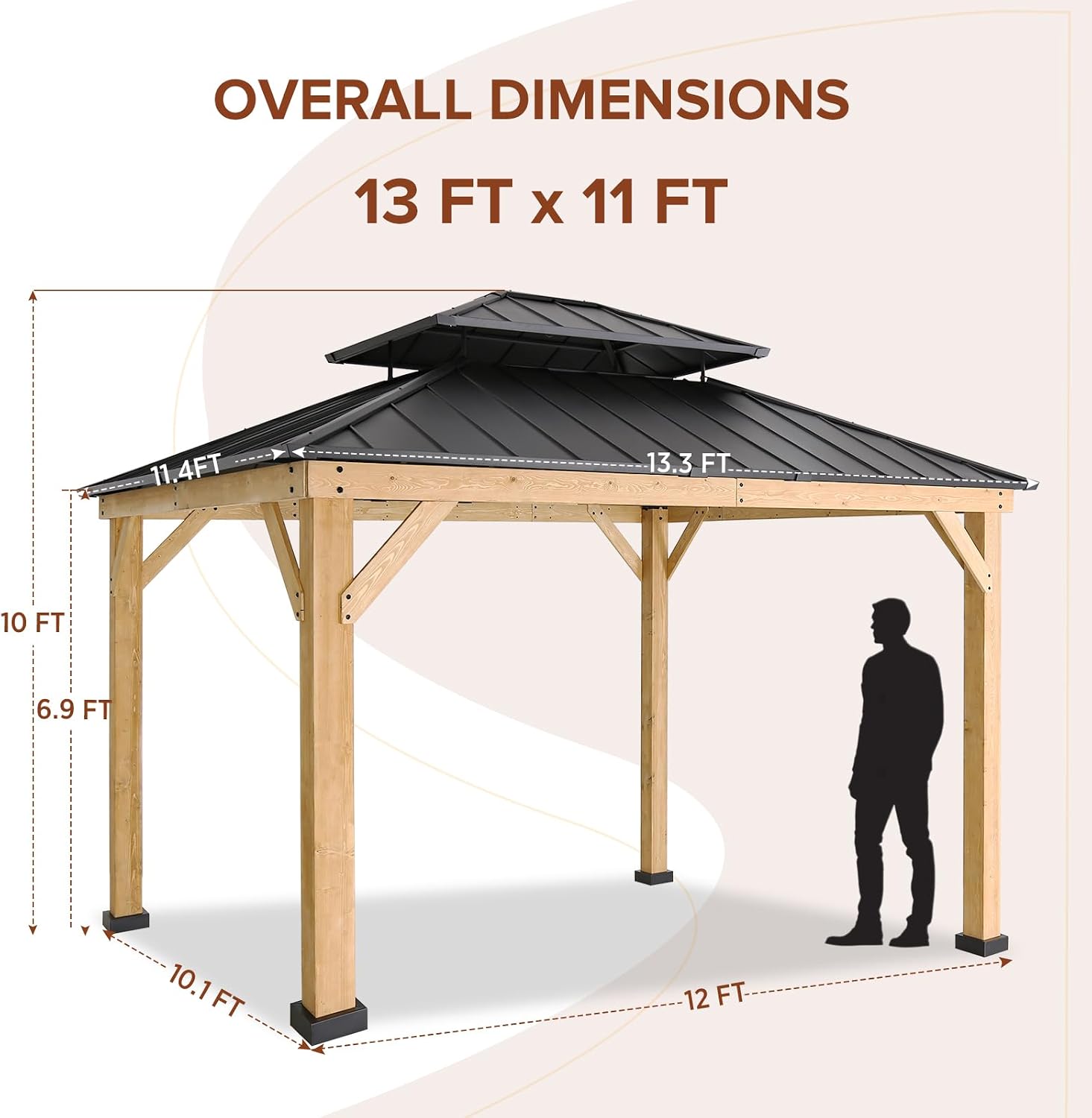 EAGLE PEAK 11x13 Hardtop Gazebo, Glavanized Steel Double Roof with Cedar Wood Frame, Outdoor Pavilion for Patio, Deck, Lawn and Garden, Natural Wood/Black
