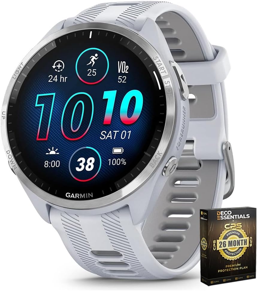 Garmin 010-02809-01 Forerunner 965 Running Smartwatch Whitestone and Powder Gray | Official USA Partner Model | Bundle with Deco Essentials Exclusive 26 Month CPS Enhanced Protection Pack