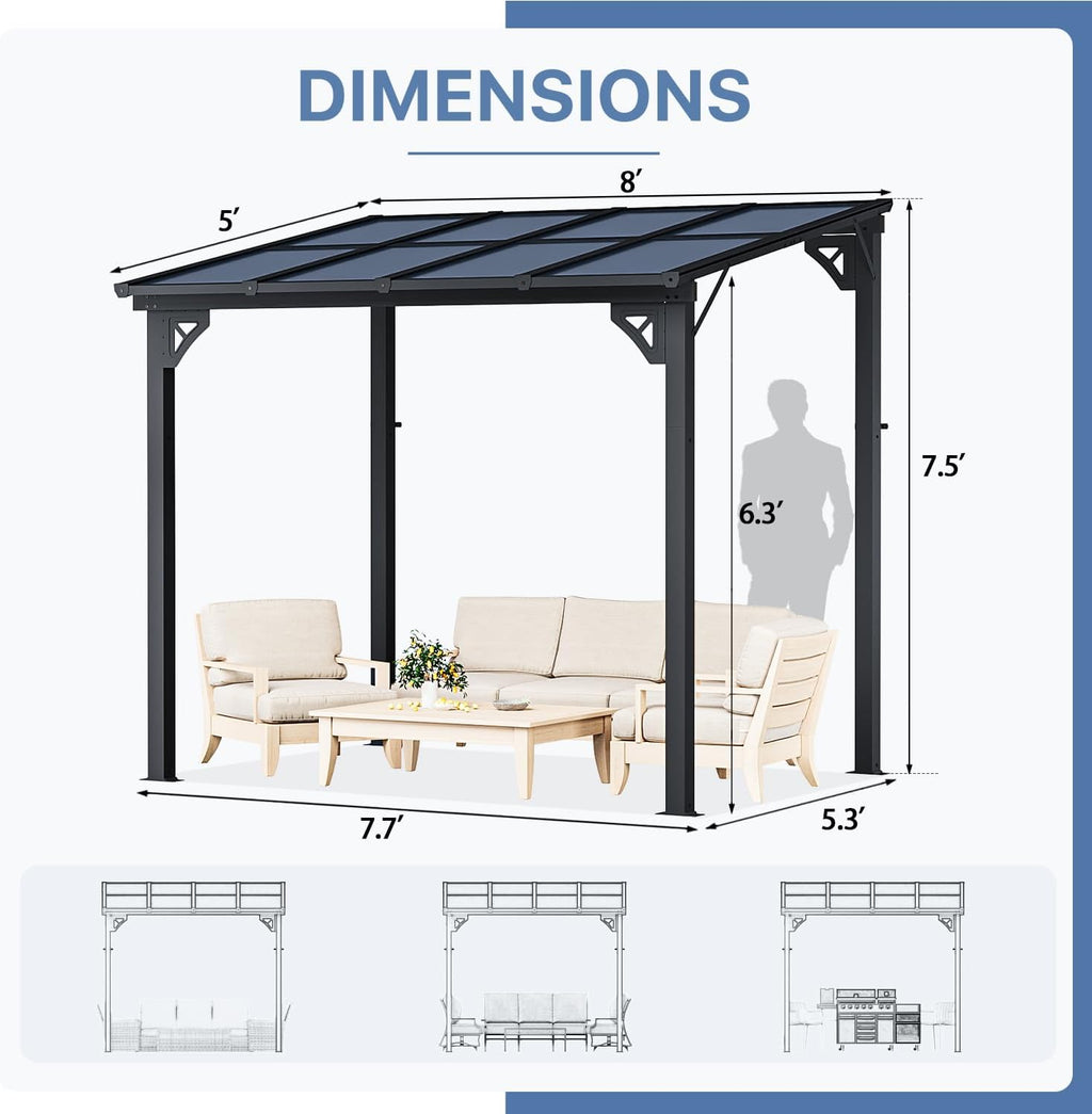 5' x 8' Gazebo for Patio, Gazebo Pergola with Sloped Roof, Large Wall-Mounted Heavy Duty Awnings, for Backyard
