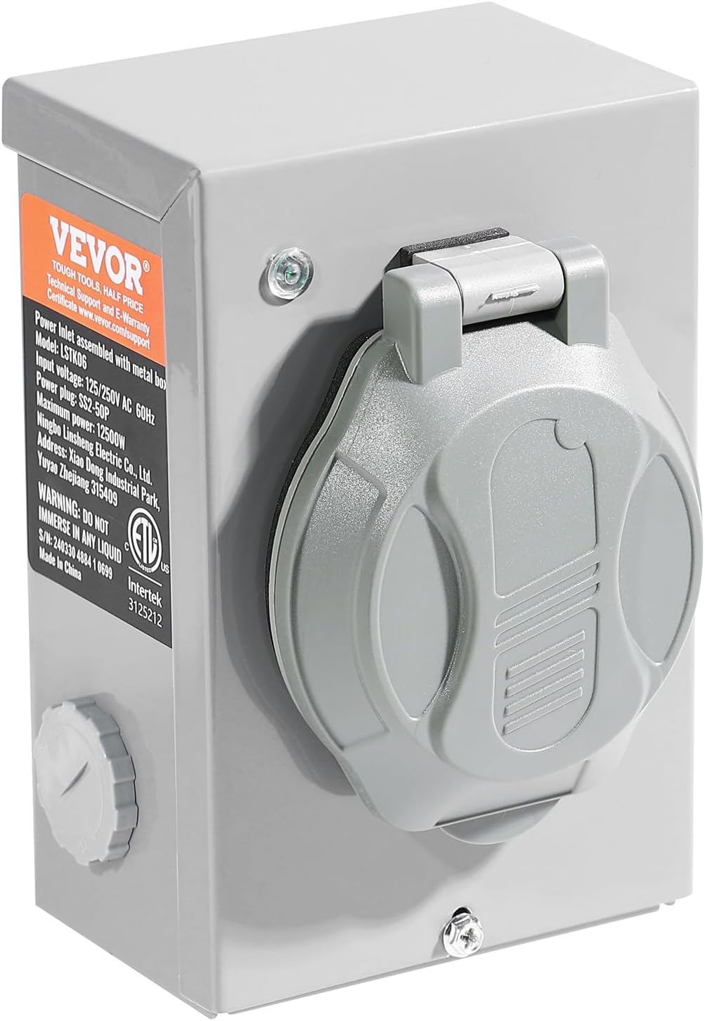 VEVOR 50 Amp Generator Cord and Power Inlet Box Kit, 50FT Generator Extension Cord NEMA 14-50P/SS2-50R STW 6/3+8/1 AWG with Twist Lock Connector, Pre-Drilled Inlet Box, ETL Listed