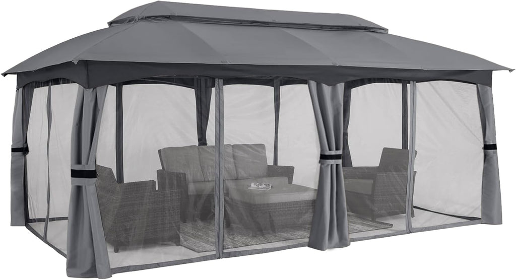 ABCCANOPY Outdoor Patio Gazebo 10x20 - Double Roof Canopy with Mosquito Netting for Backyard, Deck, Garden, Lawn, Dark Gray