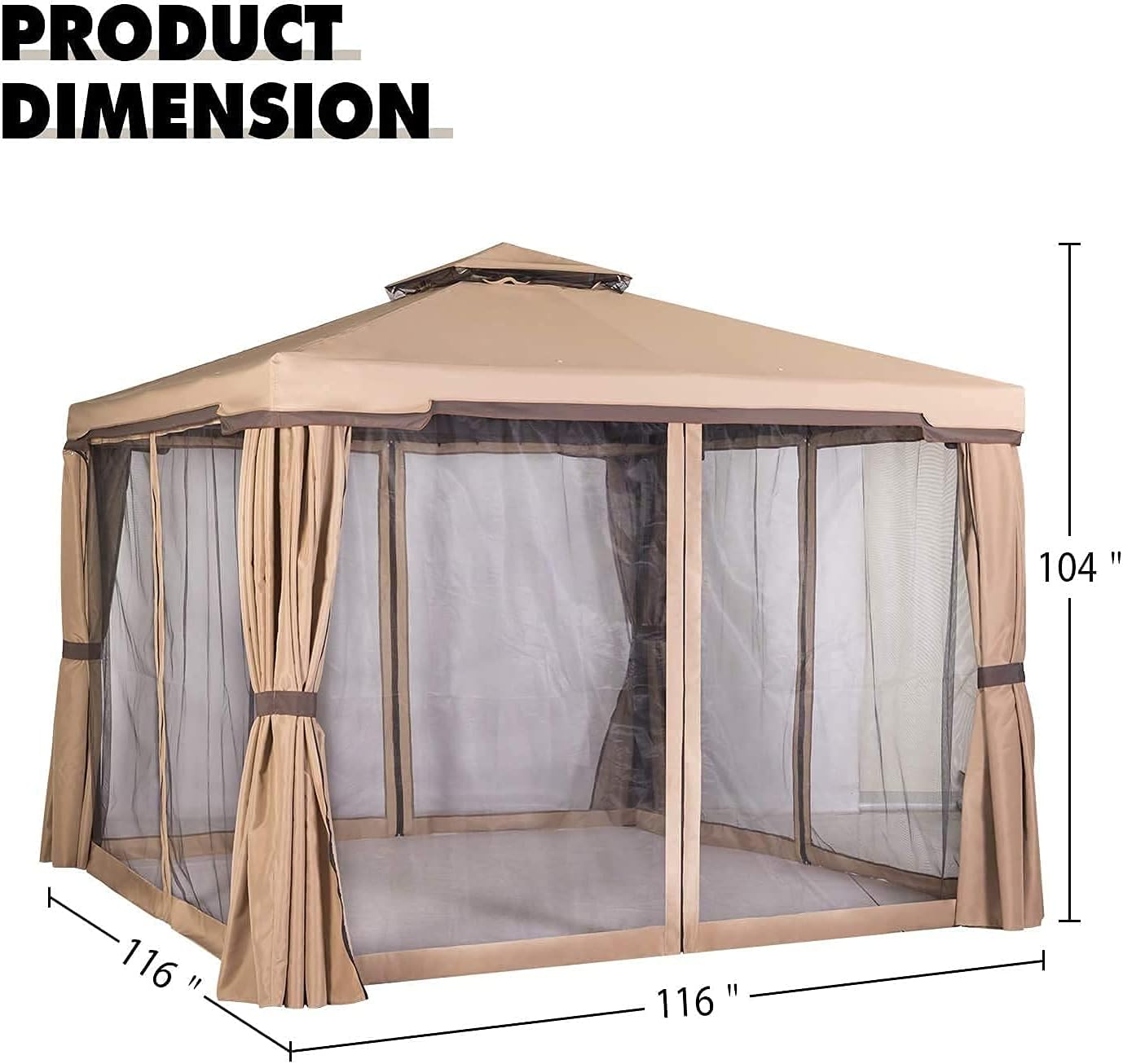 Skiway 10'x 10' Patio Gazebo Canopy Outdoor Tent Shelter with Double Square Tops, Shade Curtains and Mosquito Netting -Brown, Front Porch