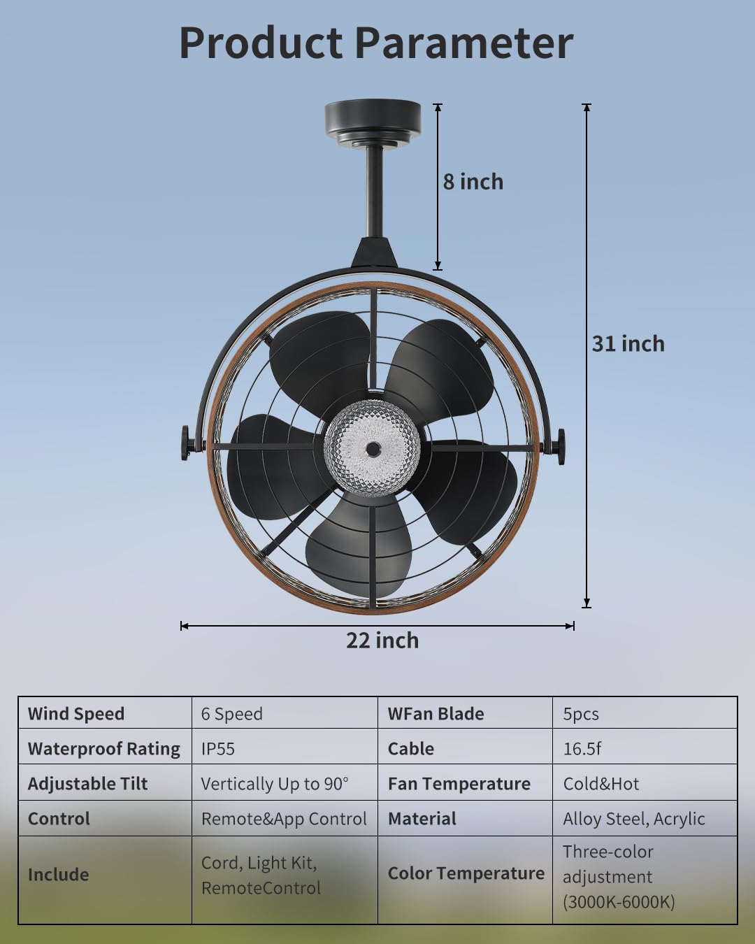 Outdoor Ceiling Fan with Light, IP55 Rated Waterproof Ceiling Fan with Tilting Head & Plug in Cord Remote and App Control - Caged Design for Patios Garage Gazebo Pergolas Pavilions 20 Inch