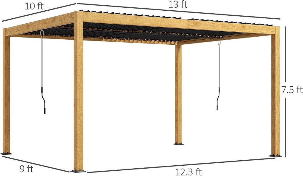 Outsunny 10' x 13' Louvered Pergola, Aluminum Outdoor Pergola with Adjustable Roof, Hardtop Gazebo for Patio, Deck, Garden, Yard, Beach, Black Roof and Natural Frame