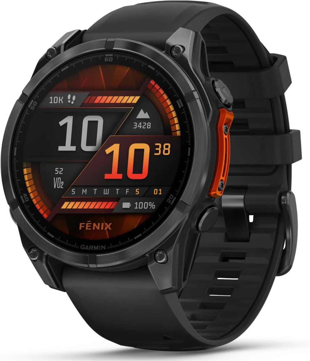 Garmin Fenix 8 – 47 mm, AMOLED Multisport GPS Smartwatch, Slate Gray with Black Silicone Band, Built-in LED Flashlight, Voice Control White Earbuds Bundle