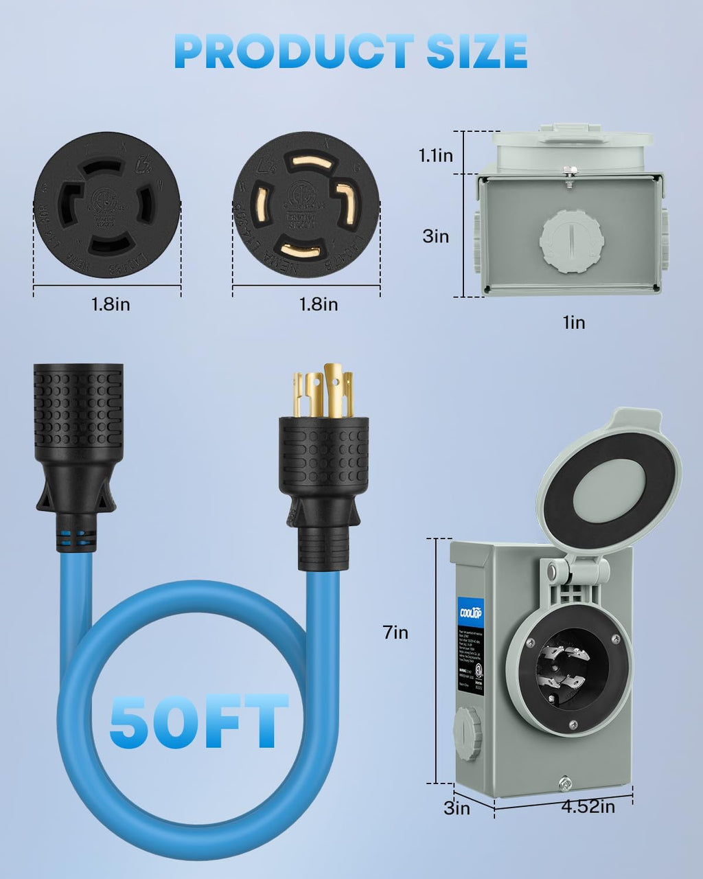 COOLTOP 30 Amp Generator Cord and Power Inlet Box Kit, 50FT 4 Prong Generator Extension Cord 10 Gauge Cable 125/250V NEMA L14‑30P to L14‑30R Pre-Drilled Inlet Box Emergency Power Kit, ETL Listed