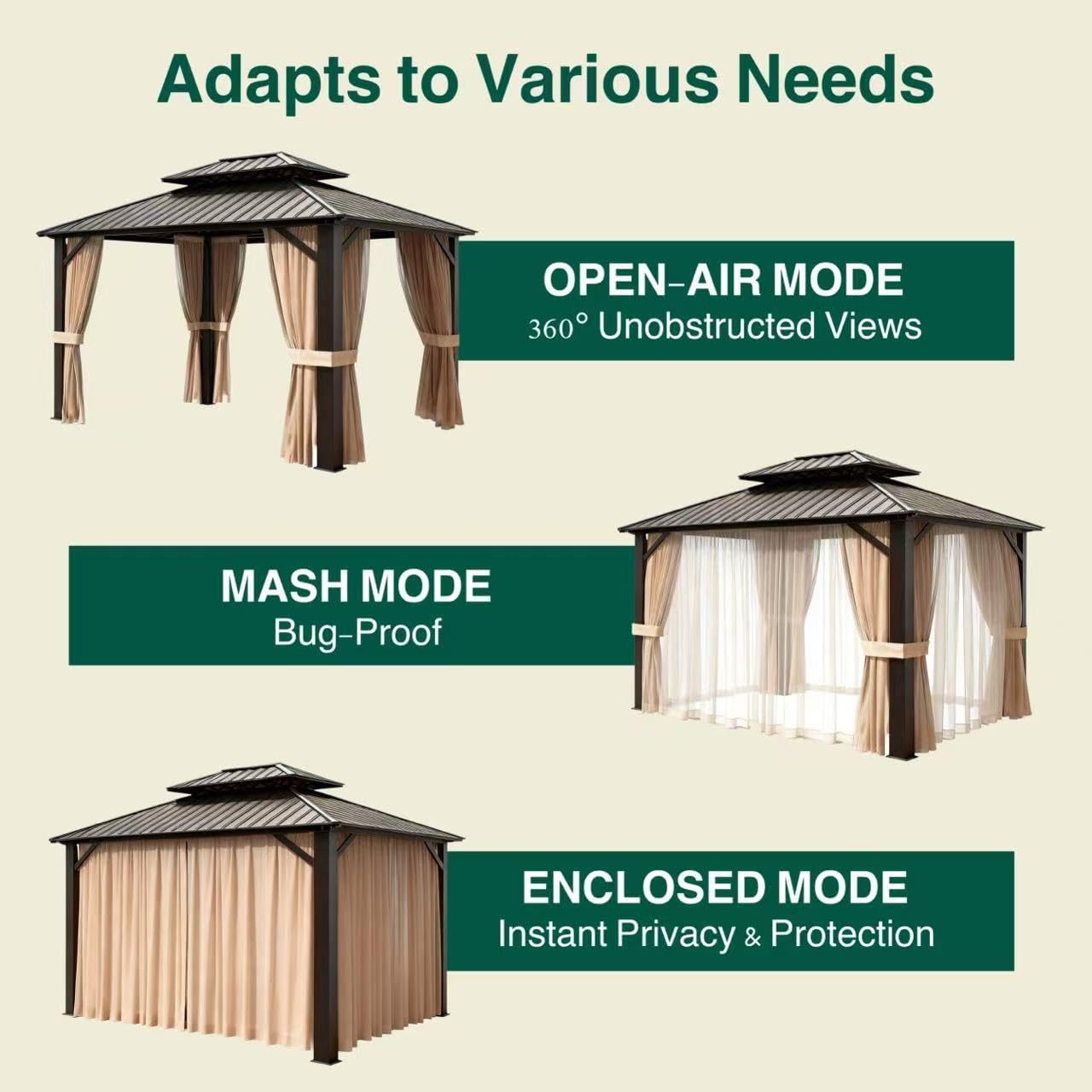 Premium 10x12 Hardtop Gazebo with Vented Metal Roof, Full Privacy Curtains & Mosquito Netting, Robust Aluminum Pergola for Patio, Garden & Deck – All-Season Weather Outdoor Shelter